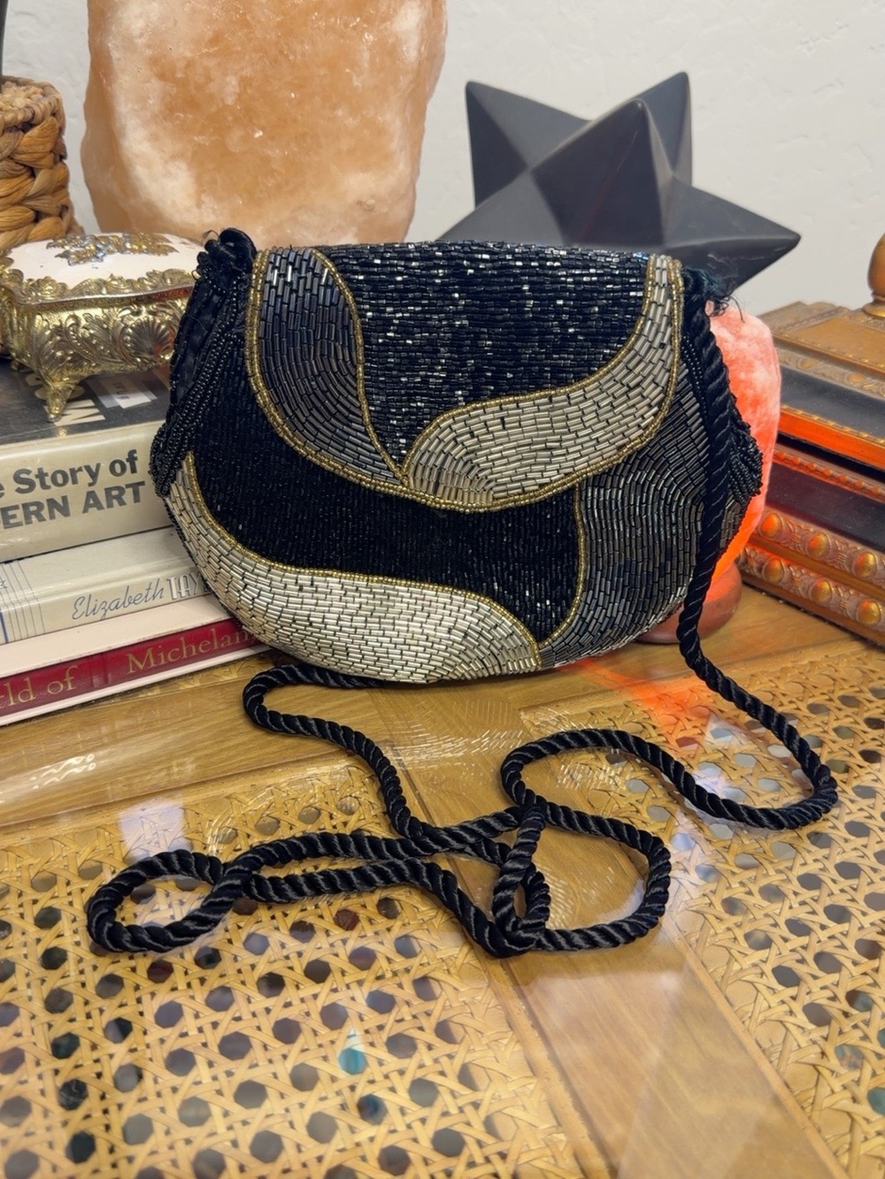 Black Silver Beaded Evening Crossbody Bag Art Deco Style